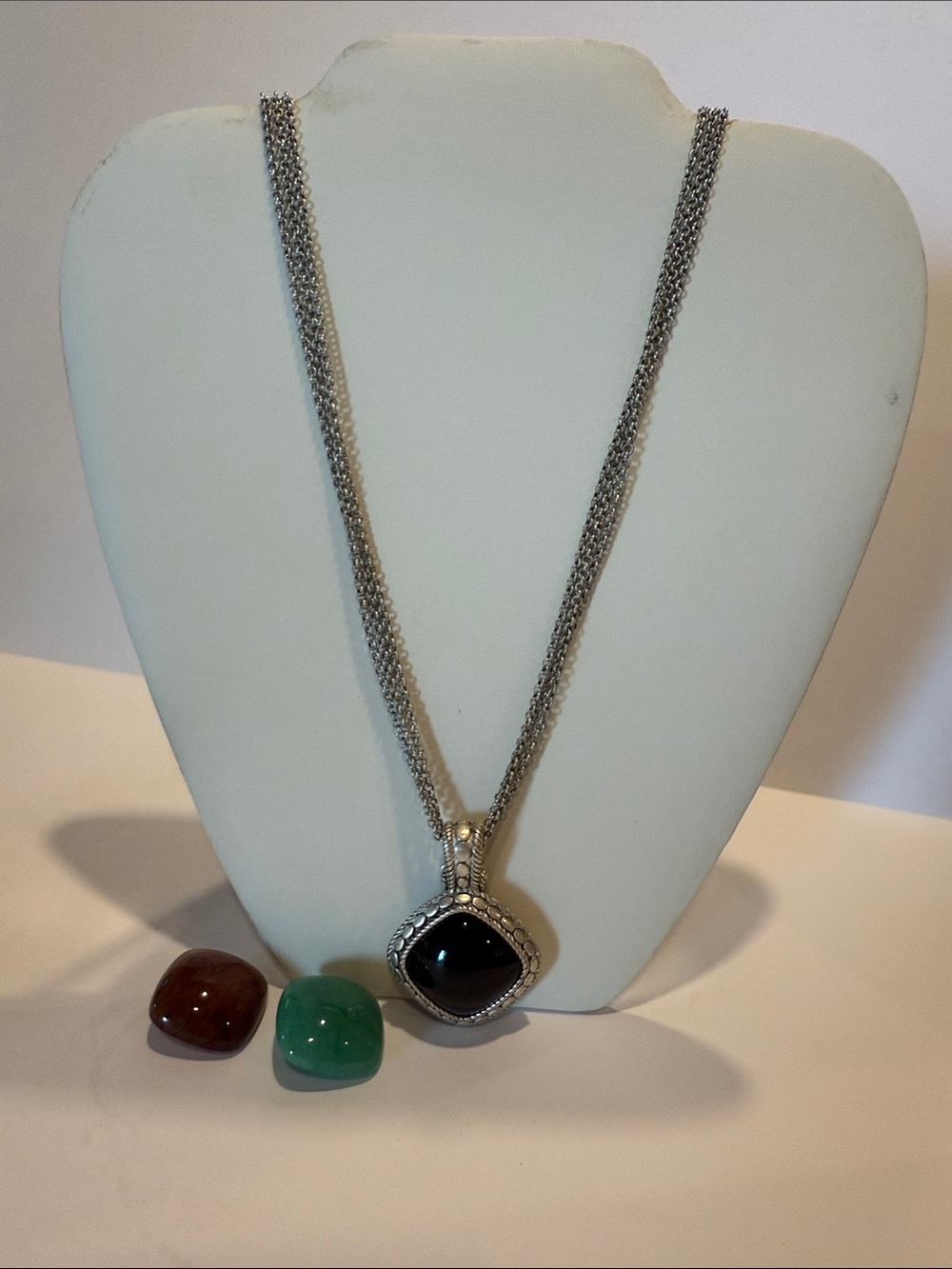 Premier Designs Silver Pendant Necklace with Black, Green & Brown Stone